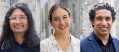 Images of (from left) Jorge Reyes, Courtney Sexton, and Eduardo Camps Moreno are postdoctoral associates who were honored with awards during National Postdoc Appreciation week. Photos by Bobby Hash for Virginia Tech.
